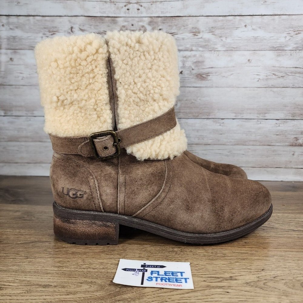 UGG Blayre II Brown Suede Leather Sheepskin Fur Trim Ankle Boot Women Size 7.5